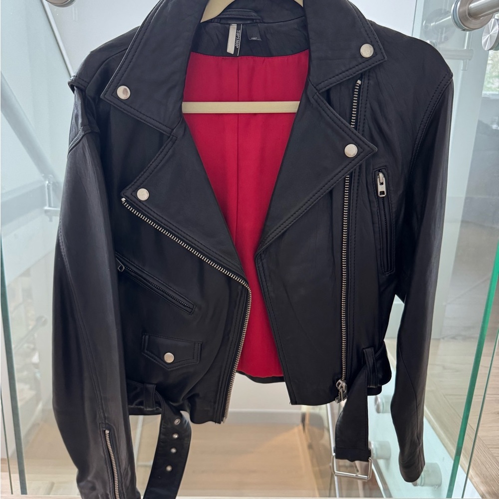 Topshop Black Leather Jacket with Red Lining